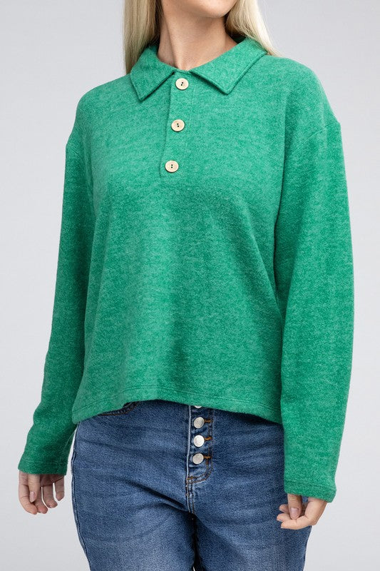 Zenana Brushed Melange Button Front Collared V-Neck Sweater in 5 Colors