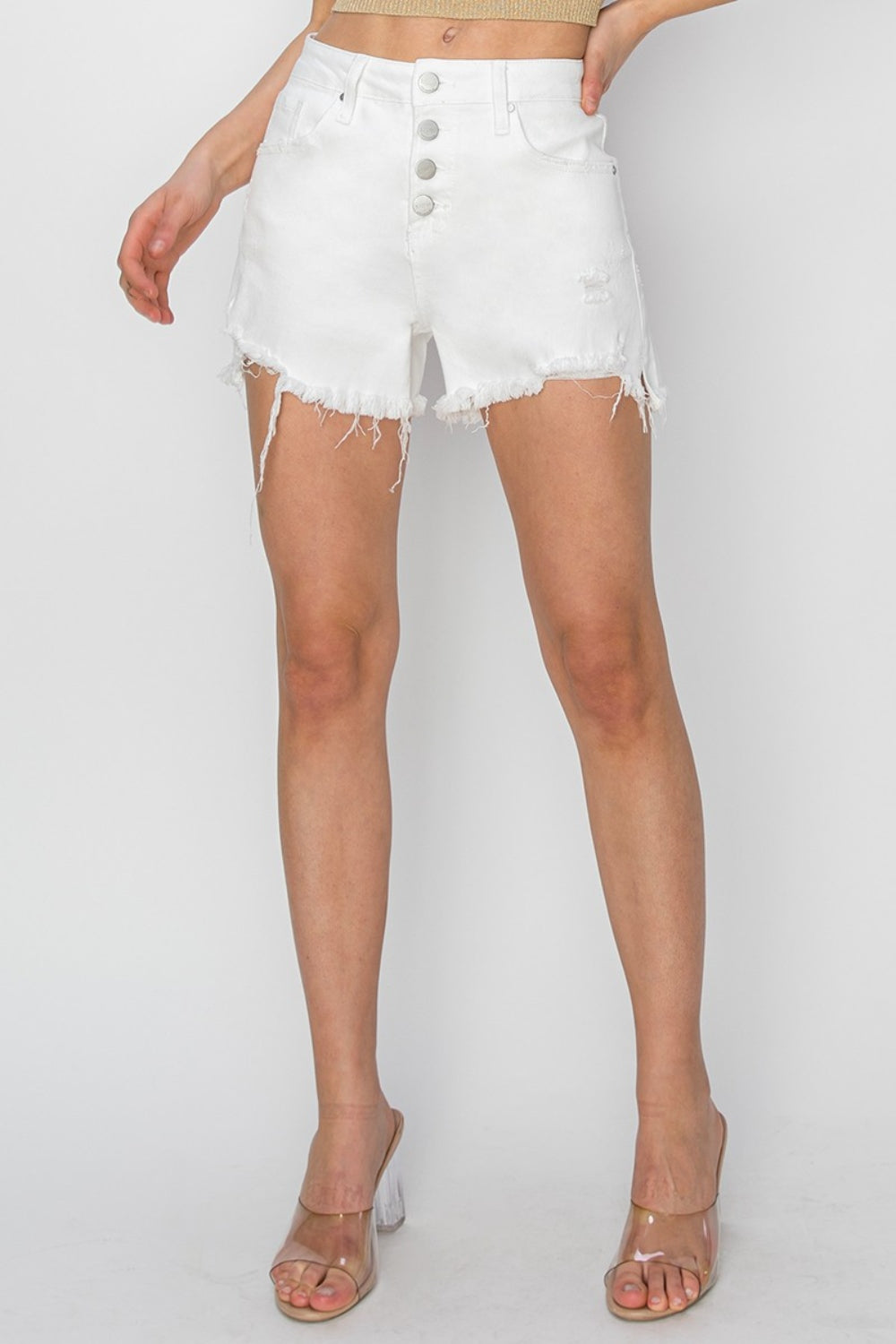 RISEN Button Fly Raw Hem Denim Shorts