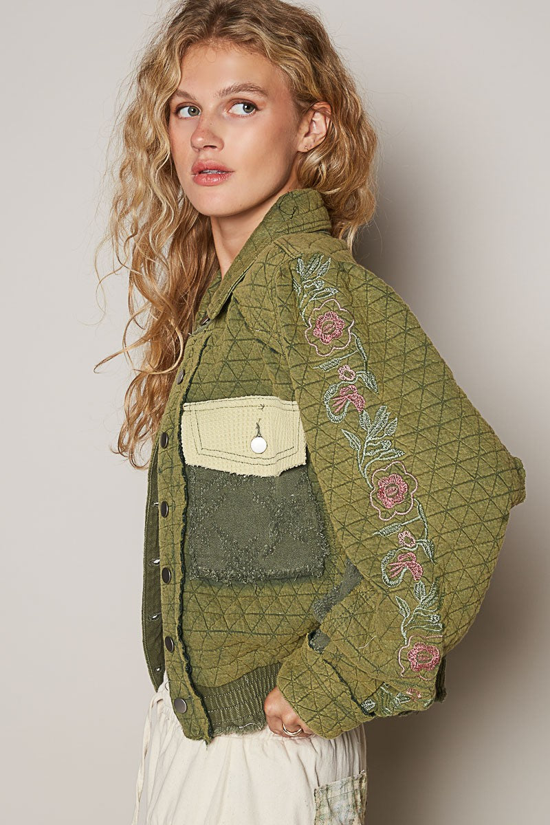 POL Embroidered Sleeve Raw Edge Quilted Jacket in Basil Multi NWT