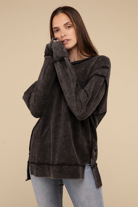 Zenana Acid Wash French Terry Exposed Seam Tunic Sweatshirt in Mocha or Ash Black