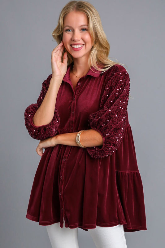 Umgee Sequin Detail Tiered Velvet V-Neck Top in Wine Red NWT