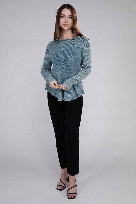 Zenana Washed Waffle-Knit Raw Hem Long Sleeve Tunic T-Shirt in 4 Colors