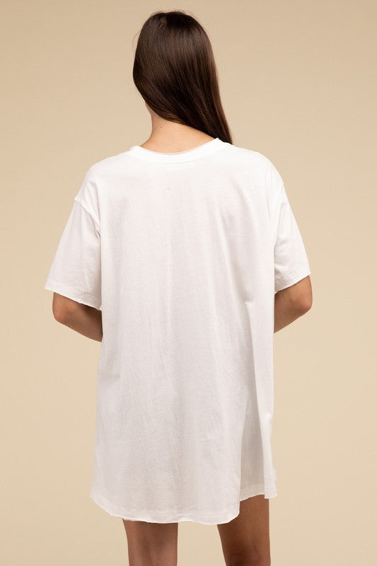 Zenana Oversized Cotton Raw Hem Tunic T-Shirt in Black or White