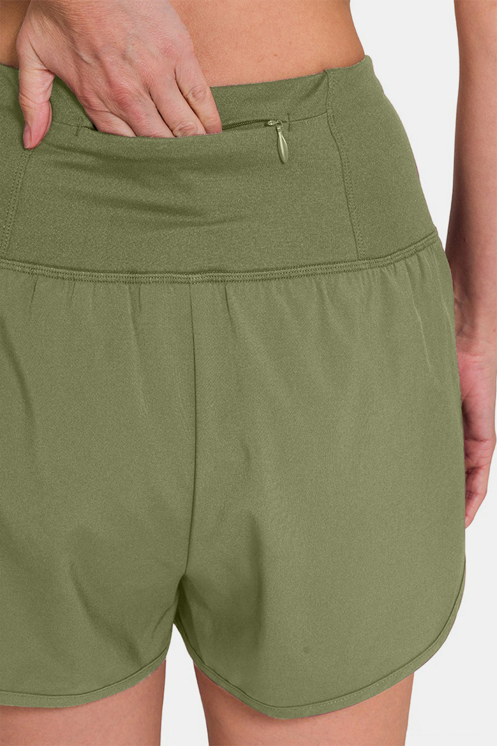 Zenana Two Layer Back Pocket Activewear Shorts in Light Olive