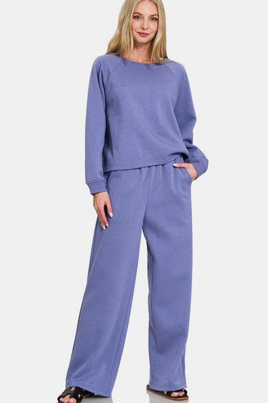 Zenana 2-Piece Lounge Set Raglan Sleeve Top and Pull-On Wide Leg Pants in Dusty Blue