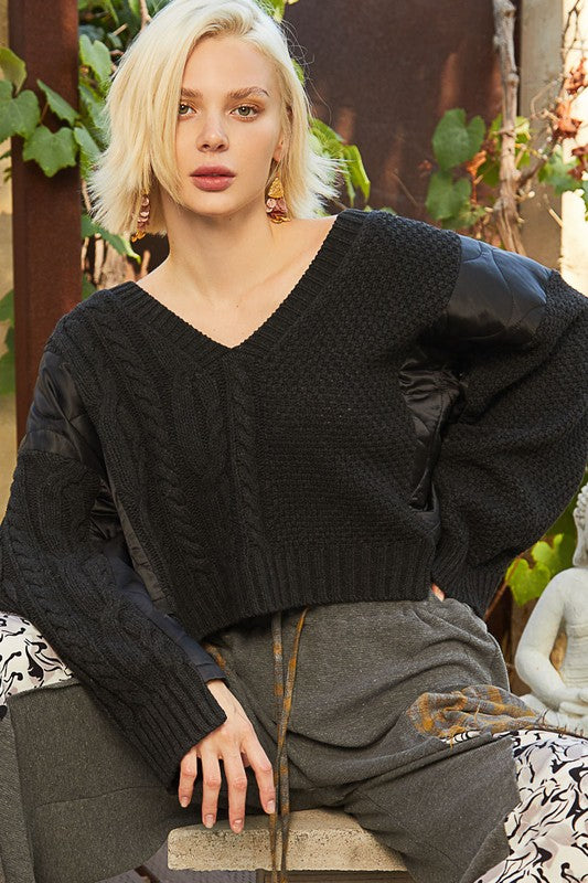 POL Cable-Knit Quilting Patchwork V-Neck Sweater in Black NWT