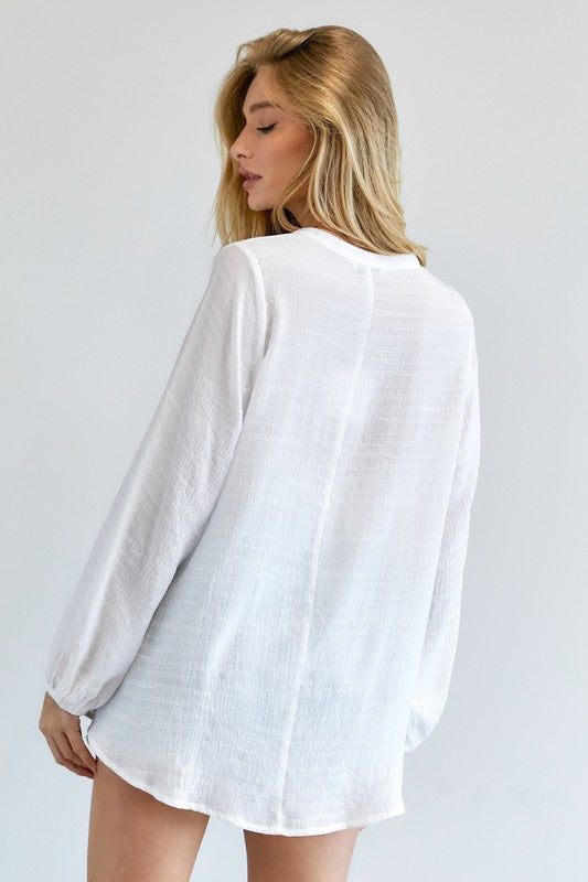 Davi & Dani Eyelet Long Sleeve V-Neck Blouse in Off White