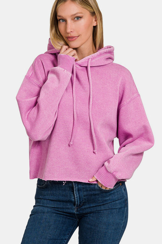 Zenana Acid Washed Fleece Cropped Drawstring Hoodie in Light Mauve Pink