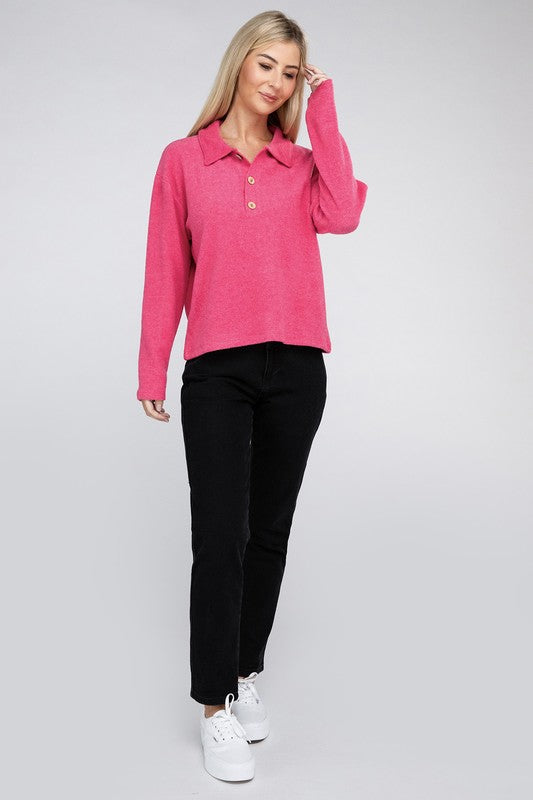 Zenana Brushed Melange Button Front Collared V-Neck Sweater in 5 Colors