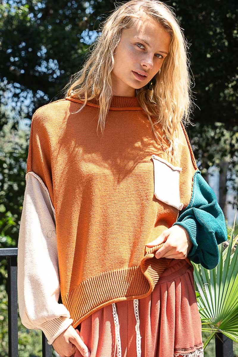 POL Color Block Roll Hem Hacci Sweater in Burnt Topaz Multi