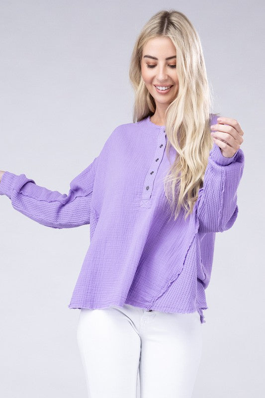 Zenana Double Cotton Gauze Oversized Raw Hem Henley Shirt in 8 Colors