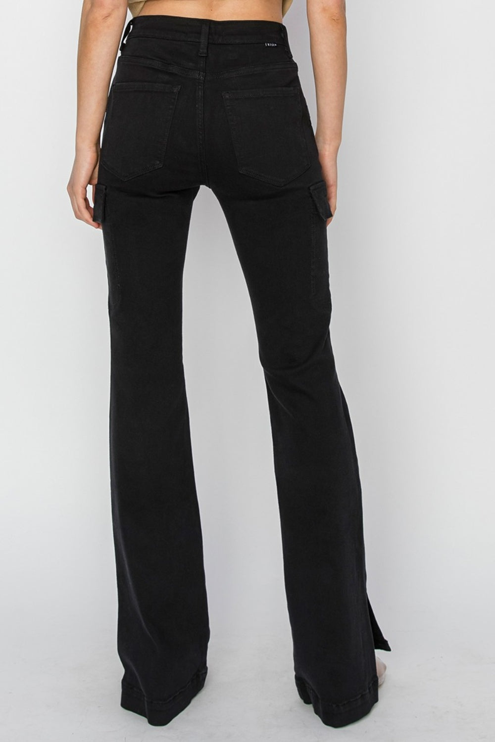 RISEN Full Size High Rise Slit Hem Cargo Bootcut Jeans in Black