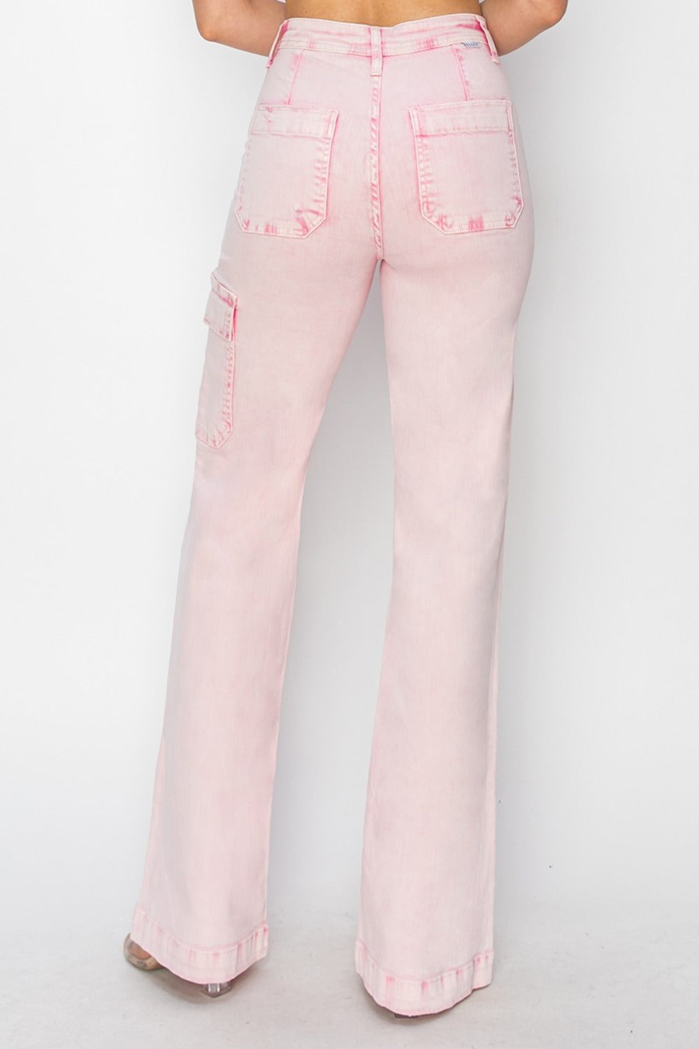 RISEN Full Size High Rise Cargo Pocket Jeans in Acid Wash Light Pink