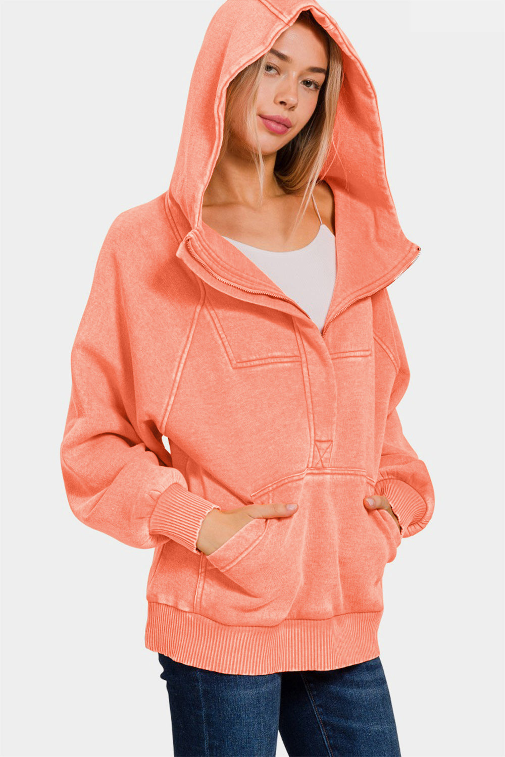 Zenana Acid Wash Half Zip Fleece Kanga Pocket Hoodie Sweatshirt in Coral