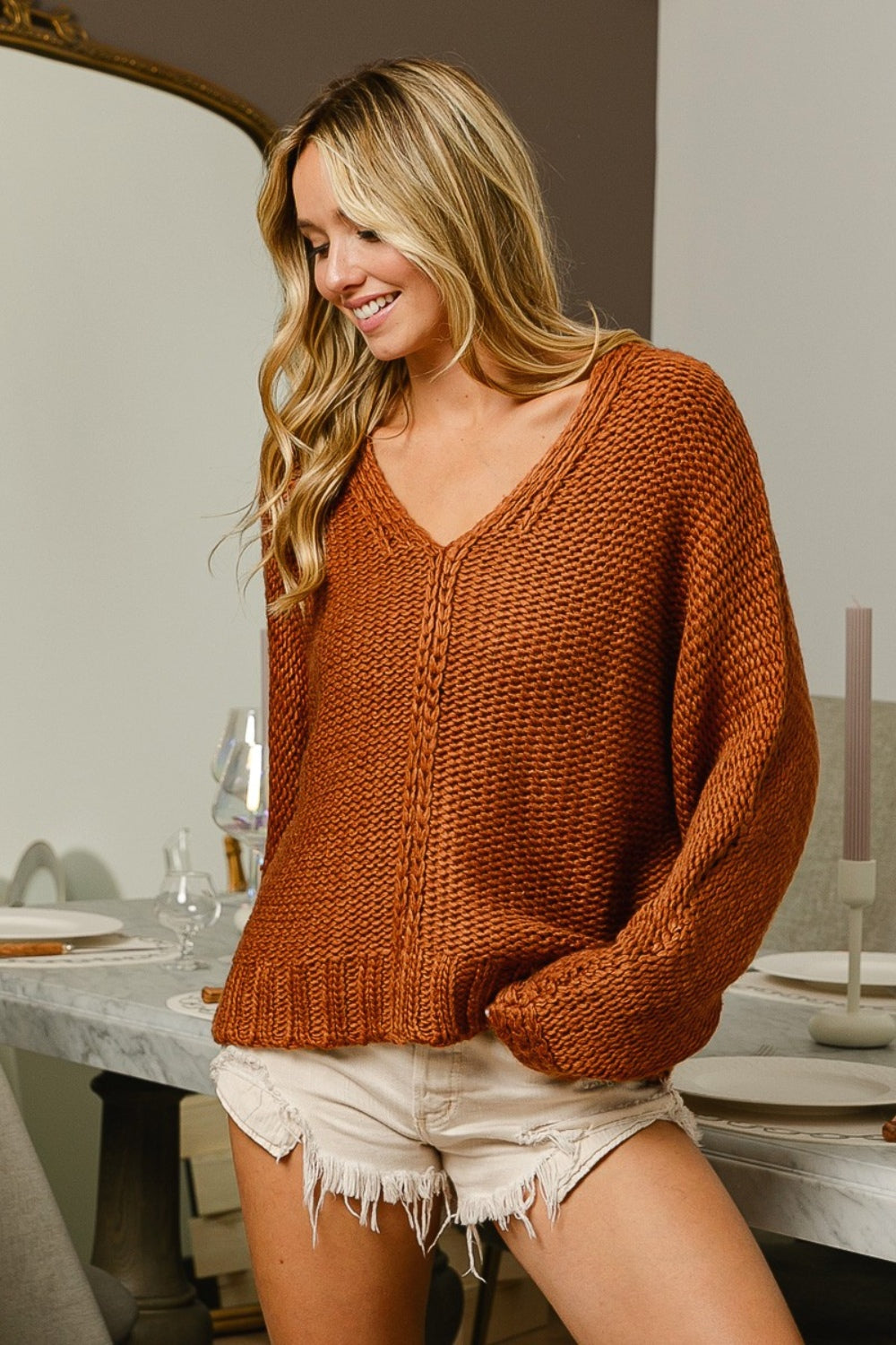 BiBi Seamed Cable Knit V-Neck Sweater in Cinnamon Brown NWT