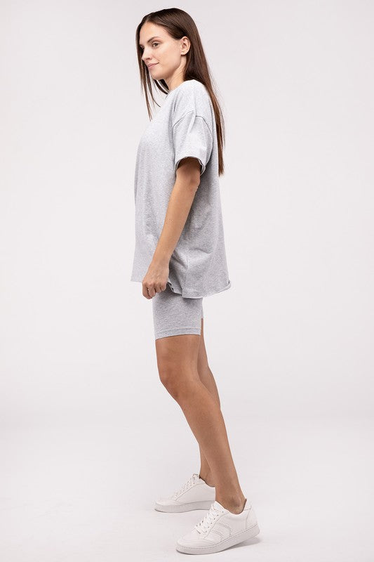 Zenana Cotton Short Sleeve Tee & Biker Shorts Set