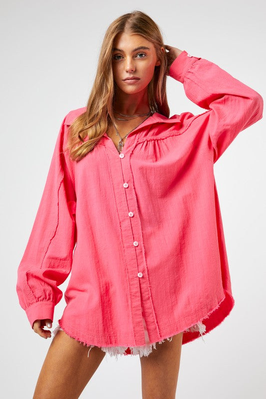 Davi & Dani Relaxed Fit Button Down Tunic Shirt in 2 Colors