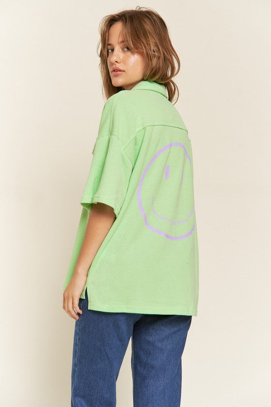 Jade By Jane Smiley Face on Back Button-Down Short Sleeve Shirt in 3 Colors