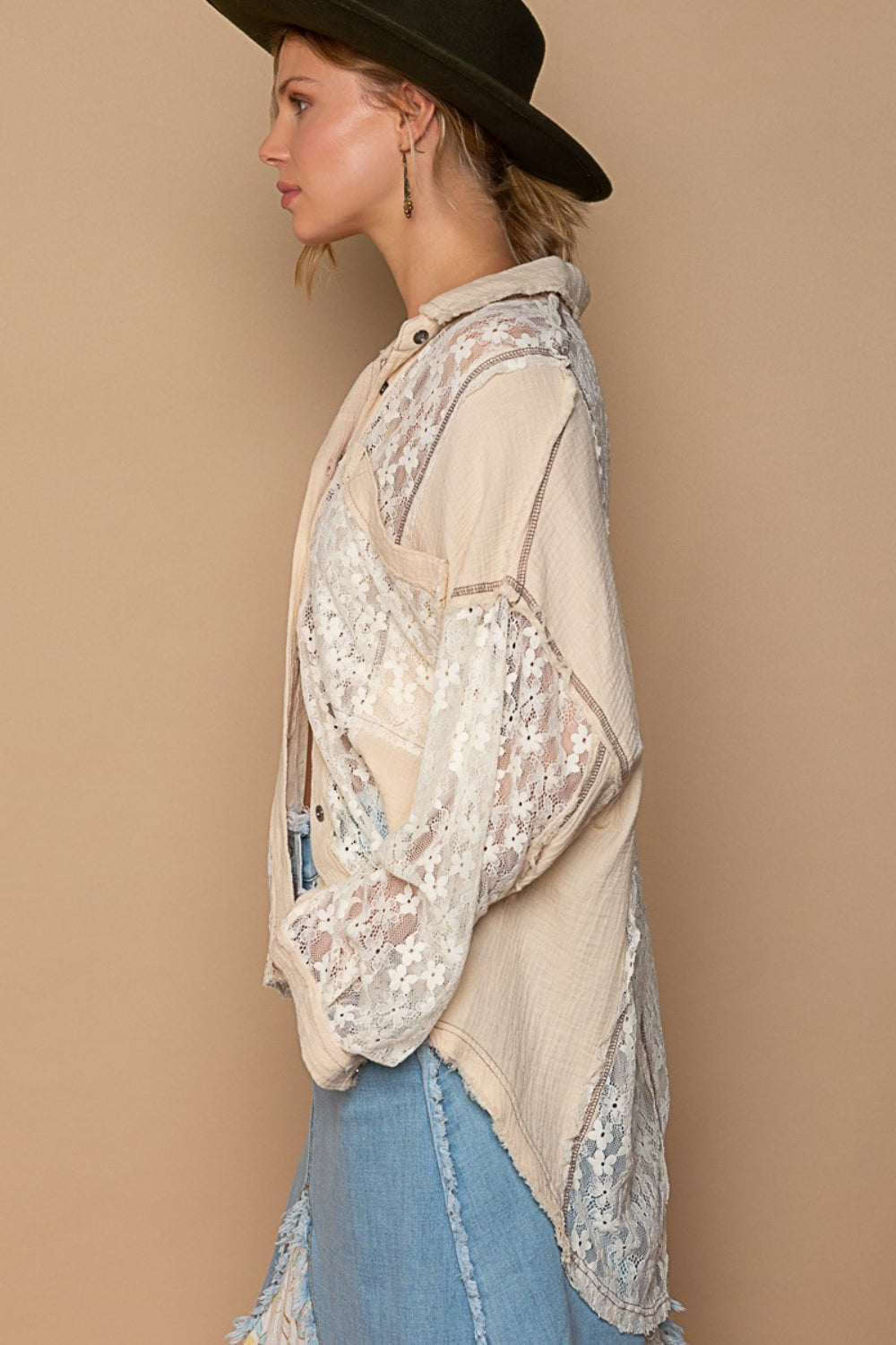 POL Oversized Cotton Lace Button-Down Shirt in Sand