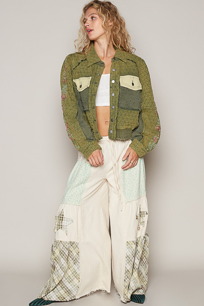 POL Embroidered Sleeve Raw Edge Quilted Jacket in Basil Multi NWT