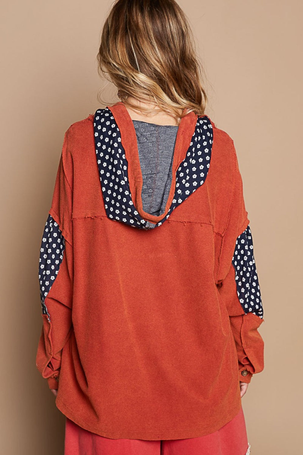 POL Star Patchwork Raw Edge French Terry Hoodie T-Shirt Top in Orange Brick