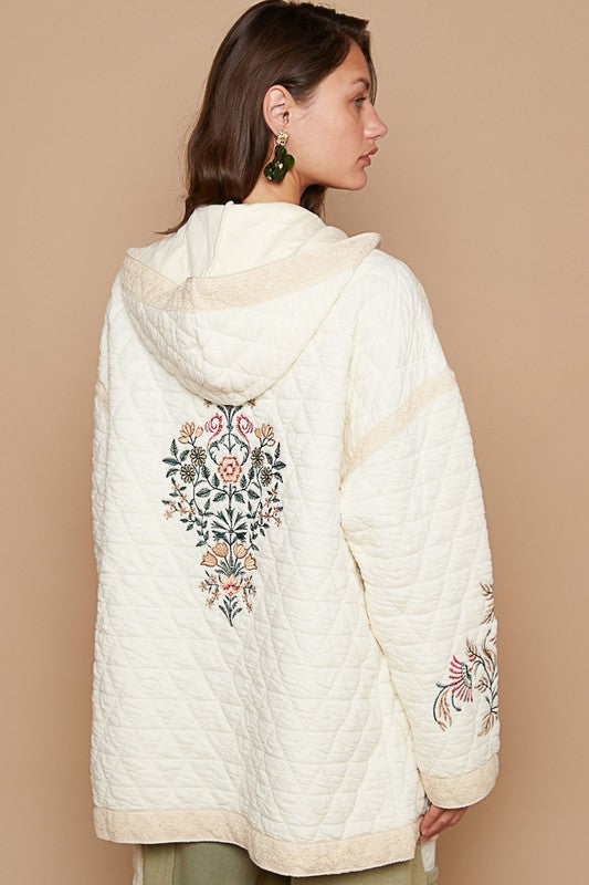 POL Embroidered Hooded Open Front Quilted Jacket with Crochet Pockets in Cream Multi NWT