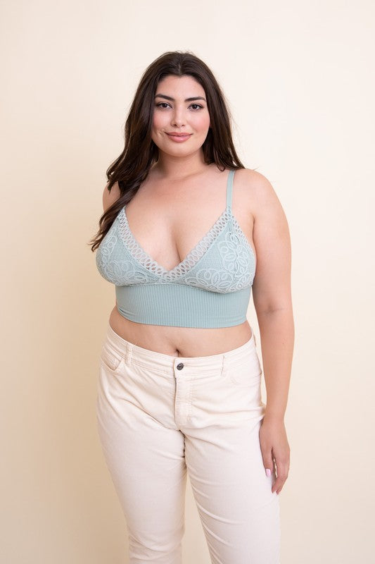 Leto Accessories Plus Size Embroidered Lace V-Neck Brami Bralette in 7 Colors