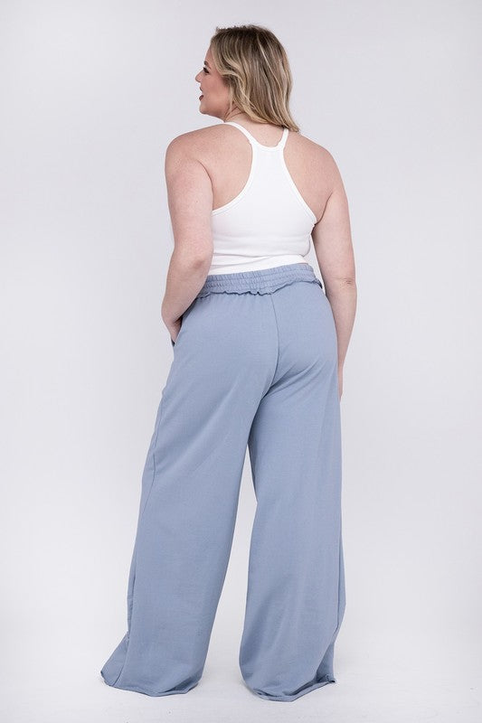 Zenana Plus French Terry Raw Hem Wide Leg Sweatpants in Ash Blue or Dusty Pink