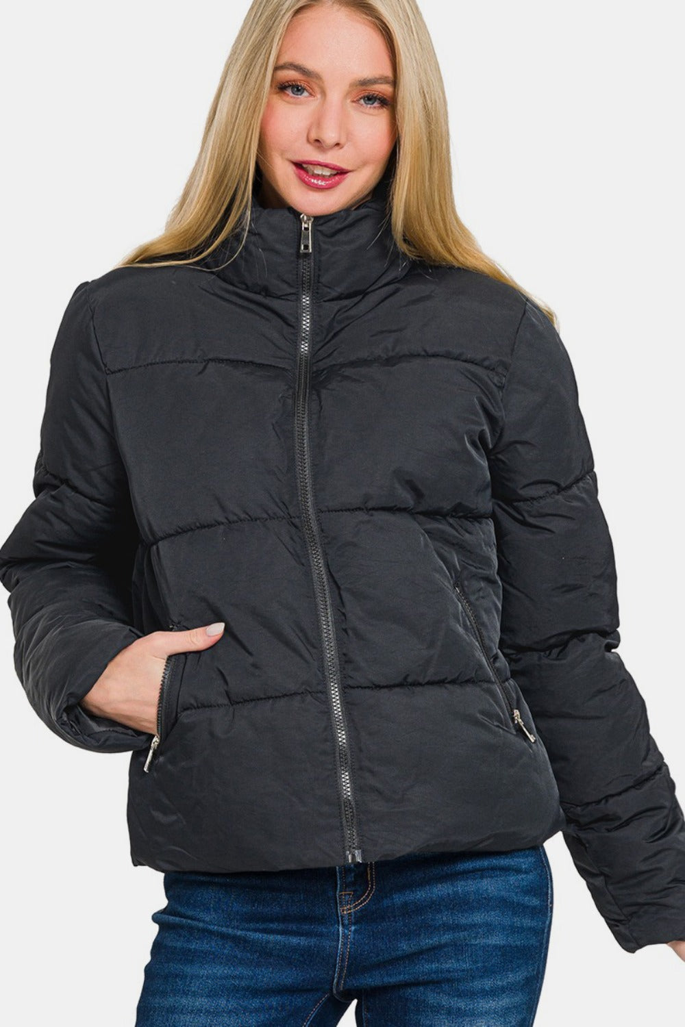 Zenana Stand Collar Zipper Front Quilted Puffer Jacket with Pockets in Black NWT