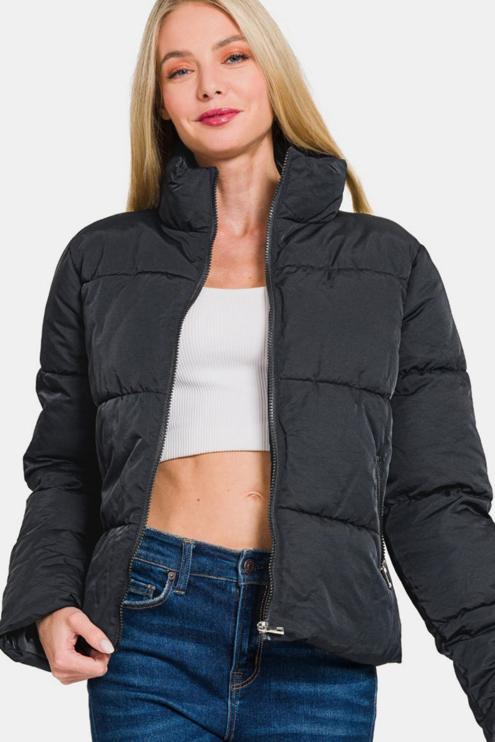 Zenana Stand Collar Zipper Front Quilted Puffer Jacket with Pockets in Black NWT