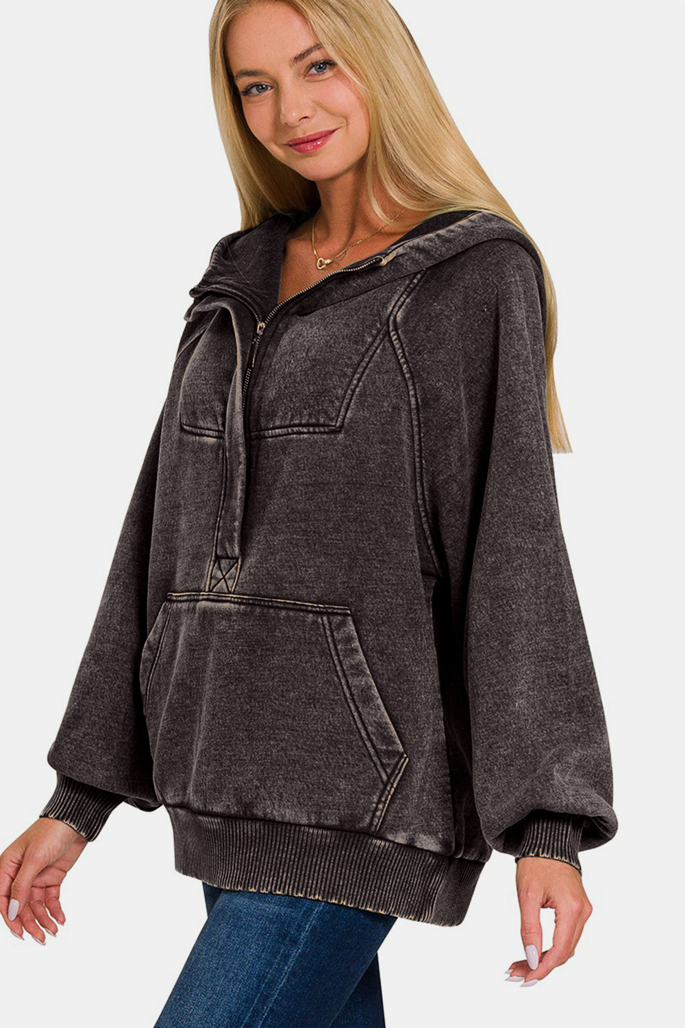 Zenana Acid Wash Half Zip Fleece Kanga Pocket Hoodie Sweatshirt in Ash Black