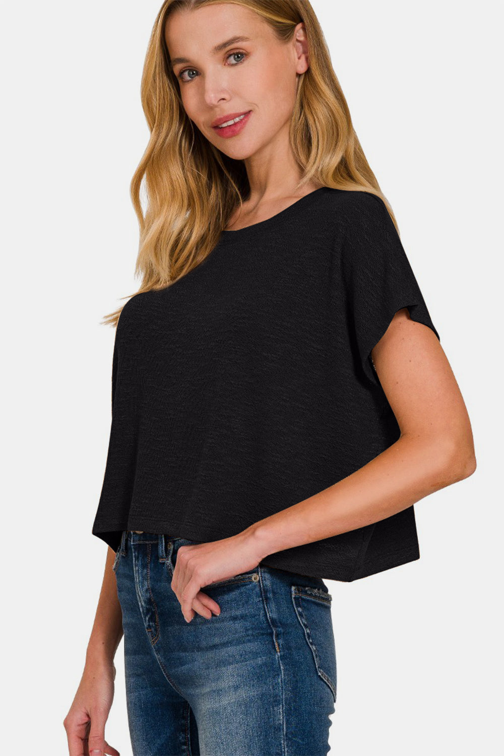 Zenana Cropped Crew Neck T-Shirt in Black