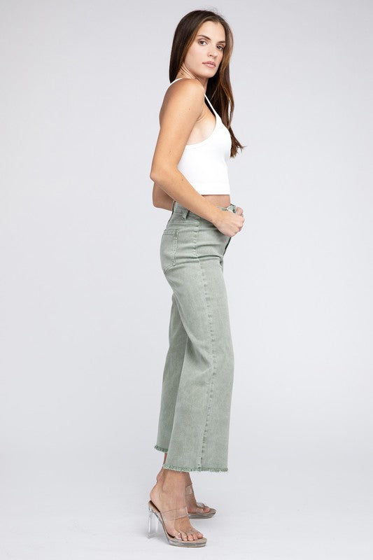 Zenana Acid Wash Cotton Cropped Raw Hem Jeans in 5 Colors