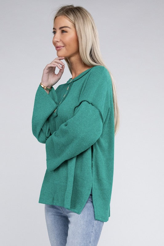 Zenana Slit Hem Bell Sleeve Ribbed Henley Sweater in 5 Colors