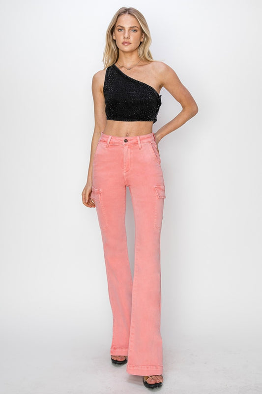 RISEN Full Size High Rise Side Slit Cargo Bootcut Jeans in Flamingo Pink