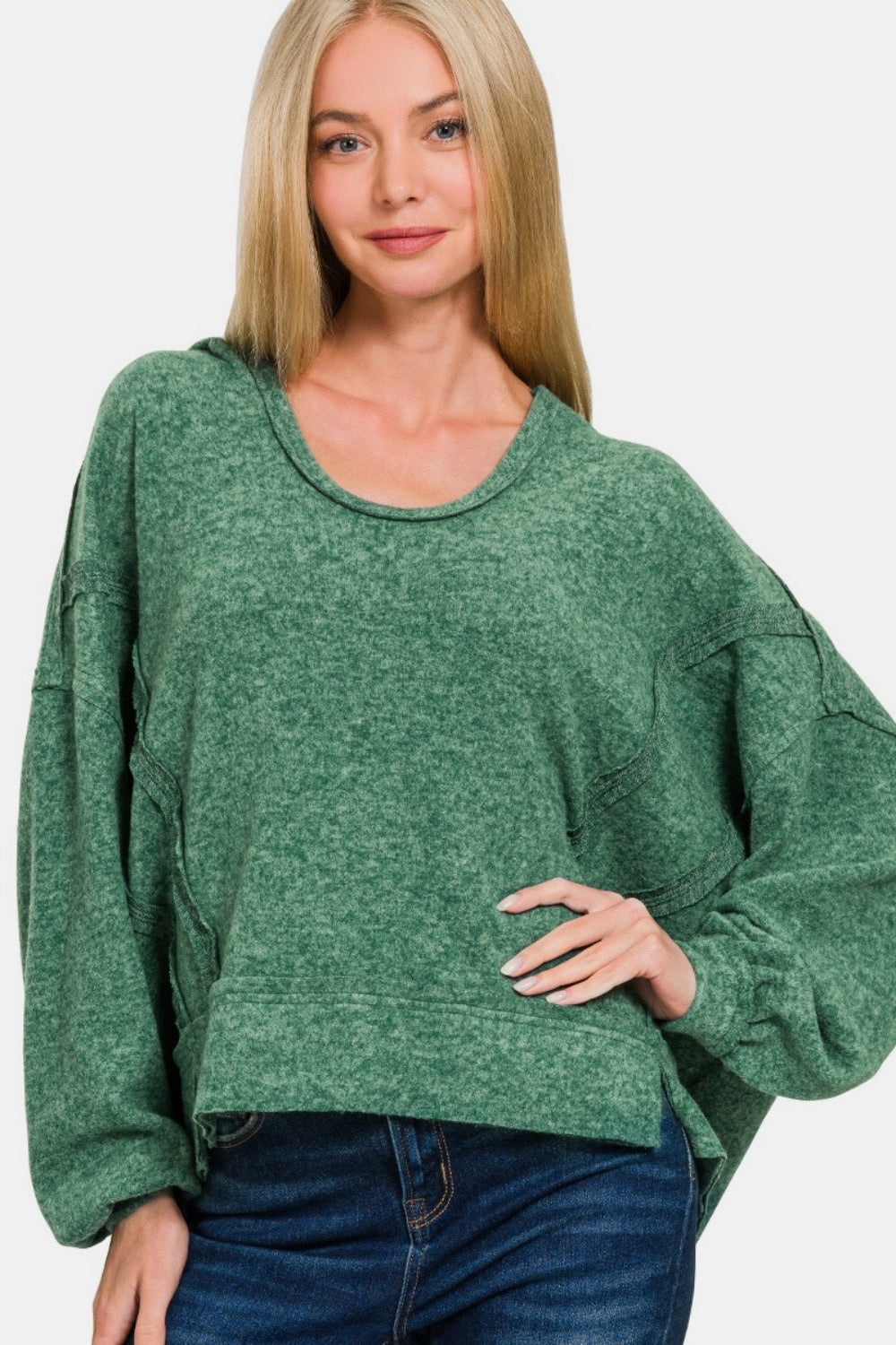 Zenana Brushed Hacci Exposed Seam Round Neck Hoodie Sweater in Dark Green NWT