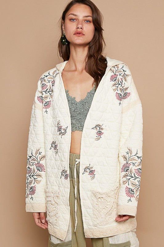 POL Embroidered Hooded Open Front Quilted Jacket with Crochet Pockets in Cream Multi NWT