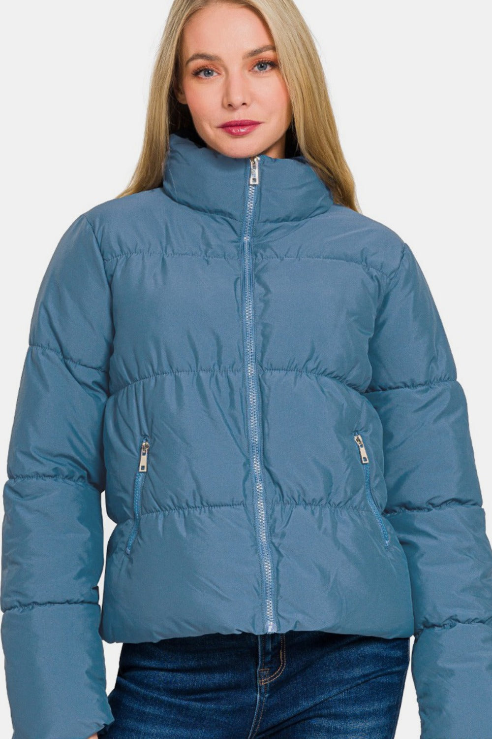 Zenana Stand Collar Zipper Front Quilted Puffer Jacket with Pockets in Dusty Blue NWT