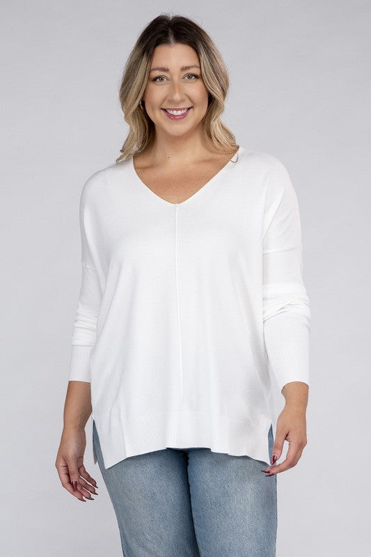 Zenana Plus Size Front Seam V-Neck Tunic Sweater