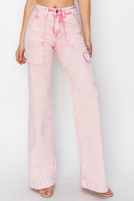 RISEN Full Size High Rise Cargo Pocket Jeans in Acid Wash Light Pink