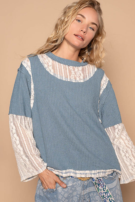 POL Lace Panel Round Neck Long Sleeve T-Shirt Top in Cornflower Blue