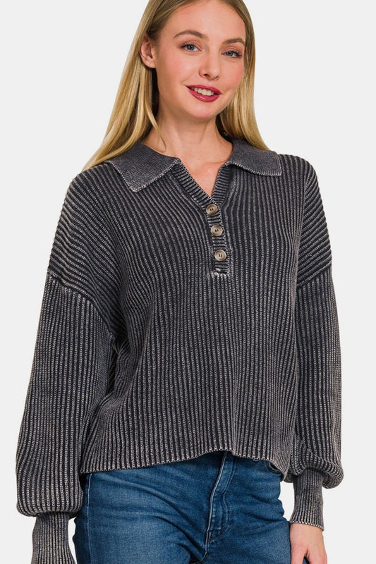 Zenana Color Wash Ribbed Half Button Collared V-Neck Sweater in Black