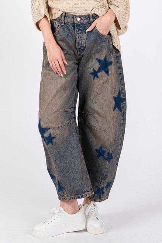 SAGE + FIG  Color Wash Star Print Wide Barrel Leg Jeans with Pockets Dark Wash Blue NWT