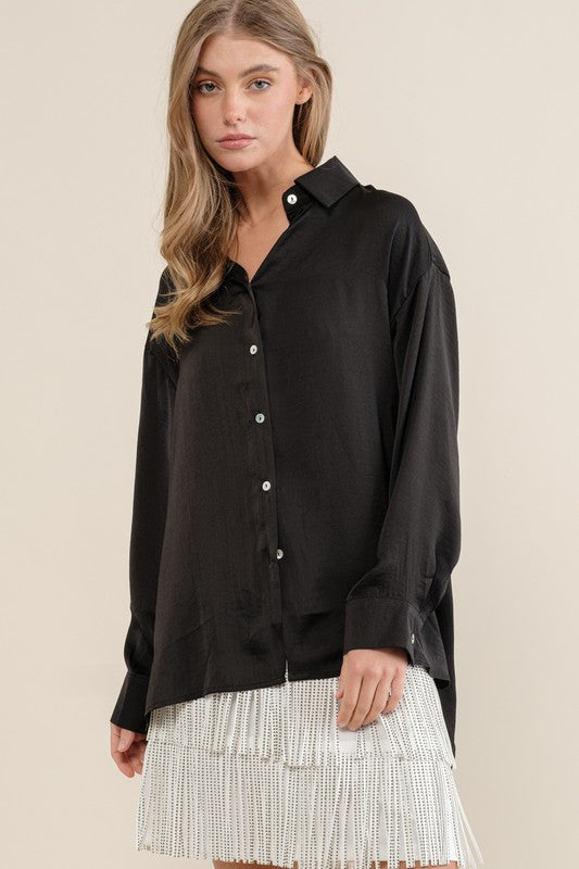 Sweet Generis Satin Long Sleeve Button-Down Top in 6 Colors