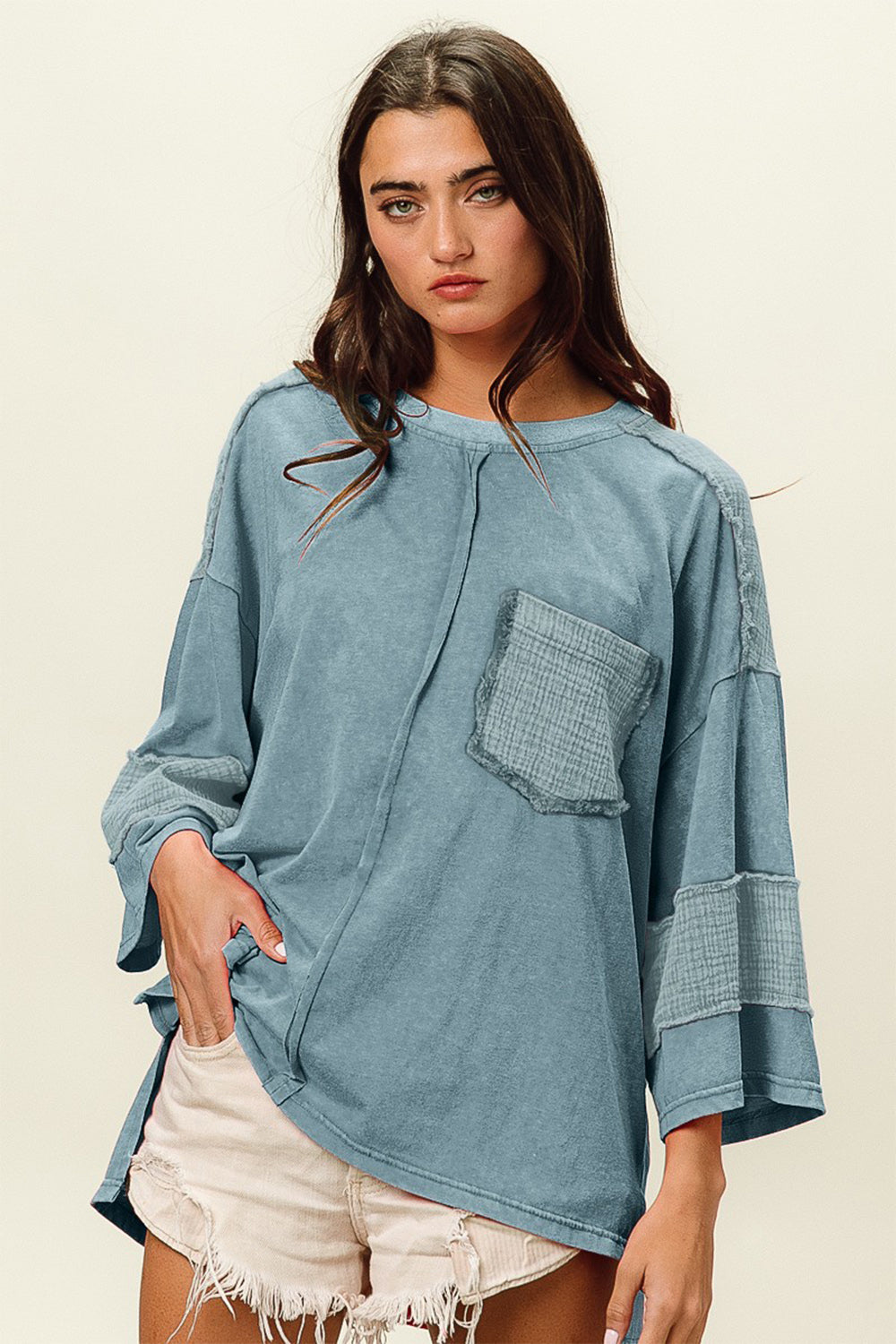 BiBi Oversized Washed High-Low 3/4 Sleeve T-Shirt