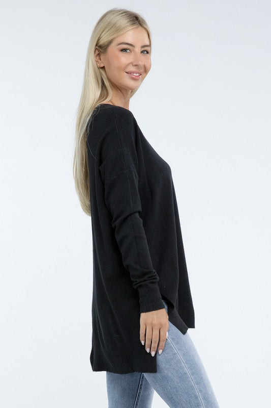 Zenana Front Seam Side Slit V-Neck Tunic Sweater in 5 Colors