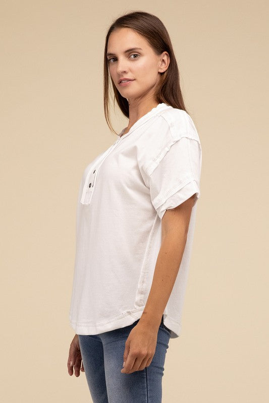 Zenana Cotton Raw Edge Short Sleeve Henley T-Shirt in 4 Colors