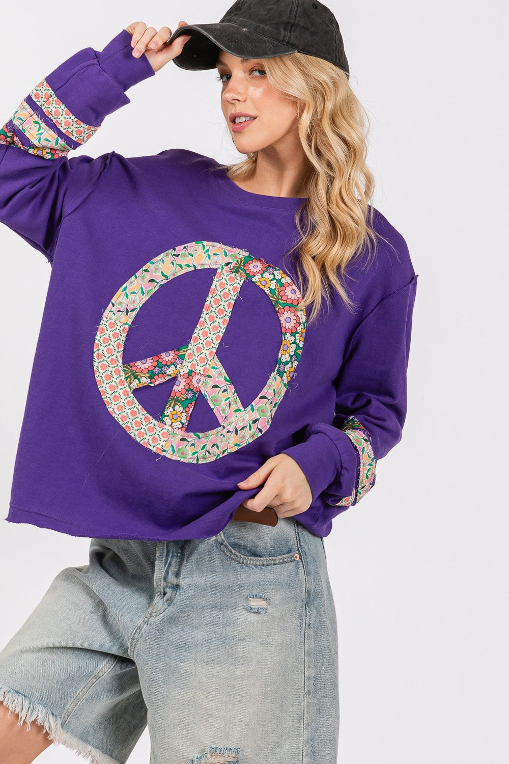 SAGE + FIG Peace Patch Exposed Seam Round Neck Tunic Top in Blueberry Purple Multi