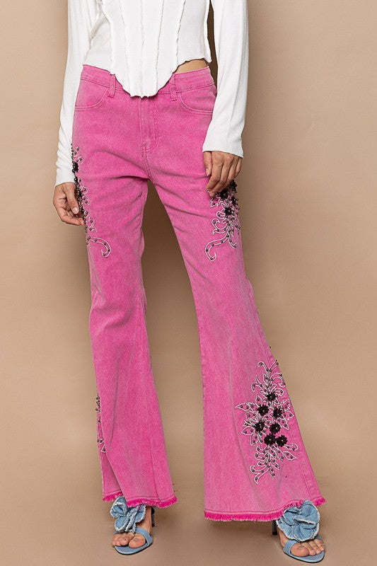 POL Embroidered Raw Hem Flared Leg Jeans in Hot Pink Multi NWT