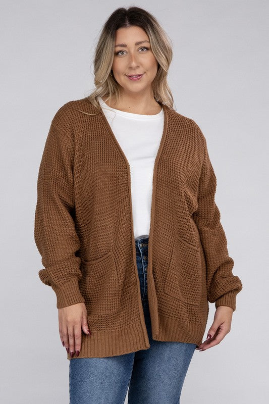 Zenana Plus Waffle-Knit Open Front Tunic Cardigan Sweater with Pockets in 5 Colors